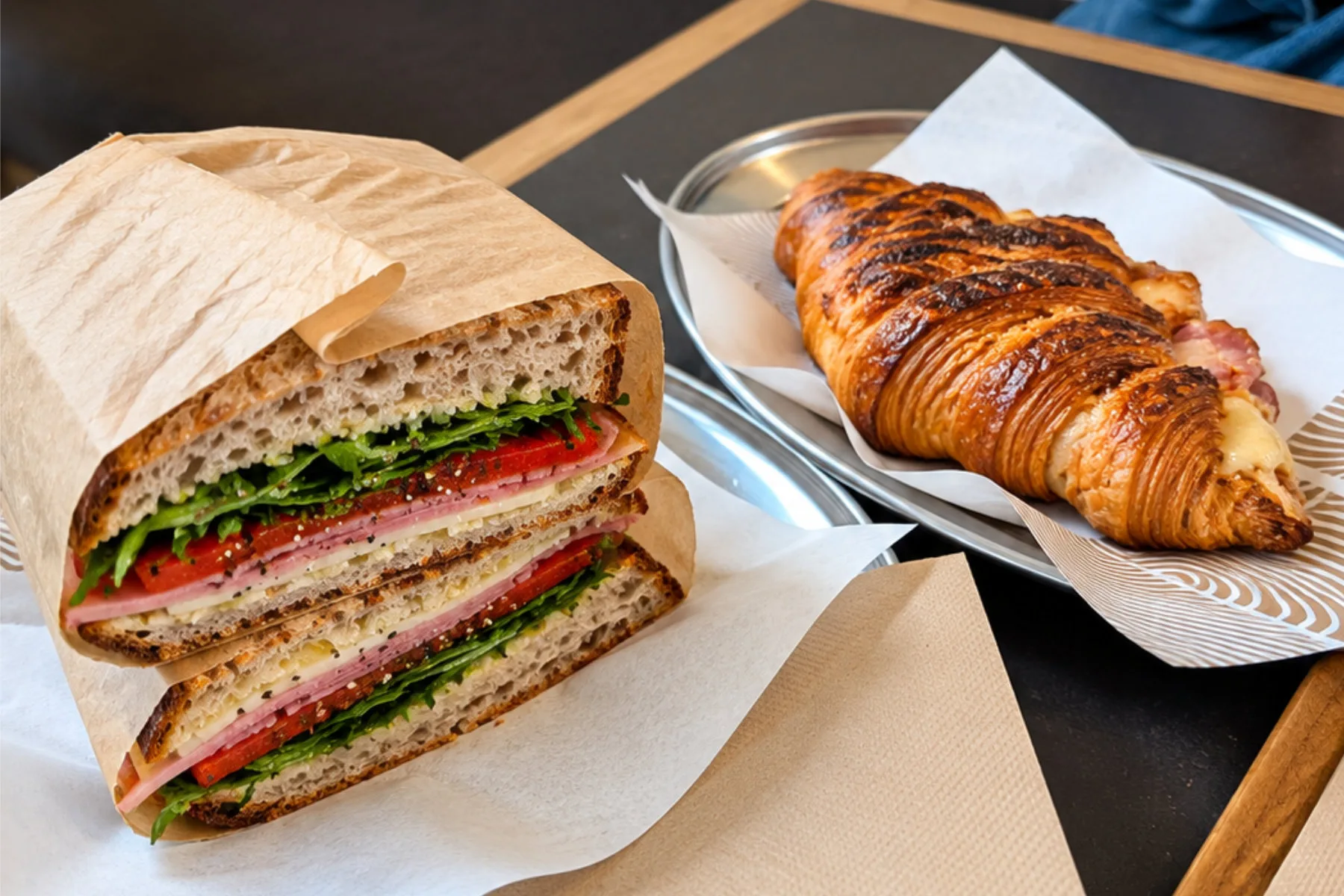 Sandwich-Crossiant-Allpress-Coffee-Roasters-Manchester Mortadella Sandwich and Crossiant