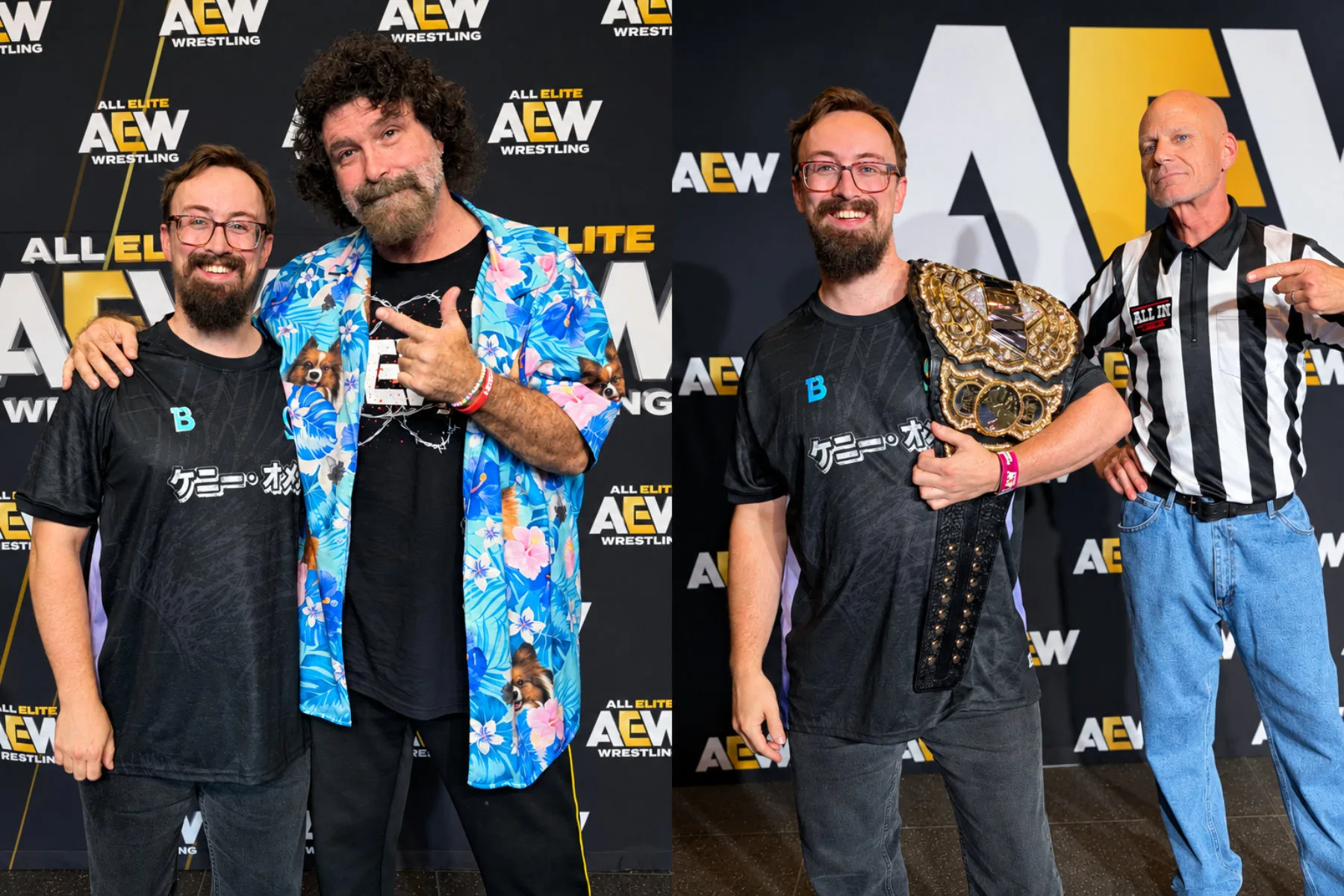 AEW All In: Welcome to Wembley! Fan Experience Kenny with Mick Foley and Kenny holding the belt with Rick Knox